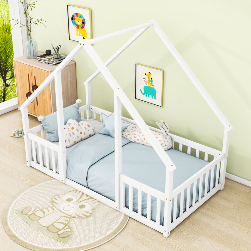 Wood House-Shaped Floor Bed With Guardrails, Twin, White