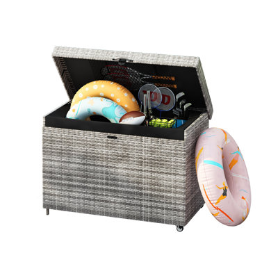Boîte de rangement en osier avec roulettes 230 gallons, boîte de rangement extérieure toutes saisons, bac de rangement en rotin pour meubles de patio, coussins d'extérieur, rangement pour piscine et outils de jardin