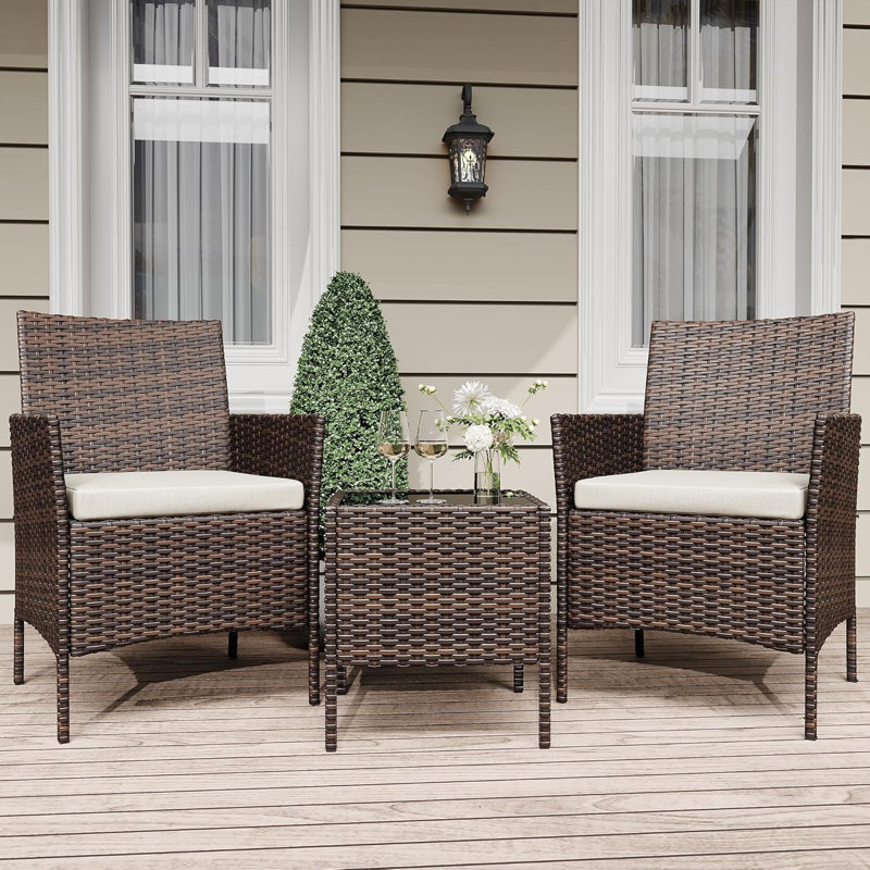 3 Piece Patio Bistro Set, Outdoor PE Rattan Wicker Furniture Set with 2 Chairs and Glass Top Coffee Table, Small Porch Furniture Conversation Set with Cushions for Balcony, Yard, Garden