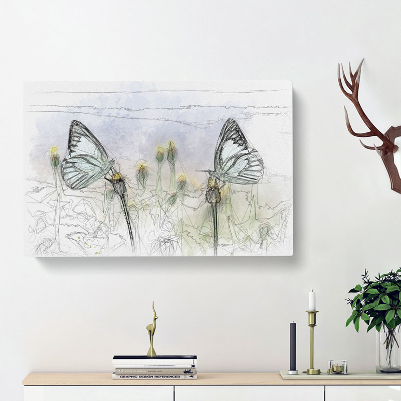 Two Butterflies Upon Yellow Flowers - Wrapped Canvas, 35cm H x 50cm W x 3cm D