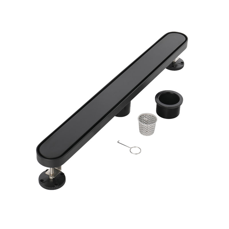 FINE FIXTURES 24-Inch Linear Shower Drain, Tile Insert & Grate 2-in-1 Design, Rounded Edge, 10-Gauge Stainless Steel, Center Outlet, Hair Strainer Included