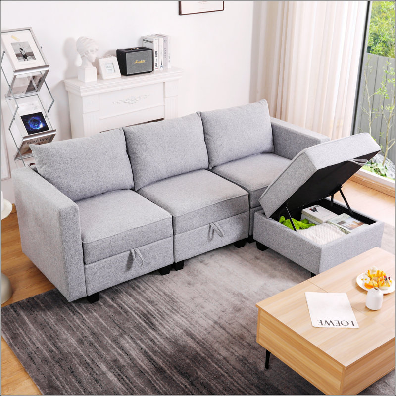 Petit canapé modulaire en L modulaire, méridienne convertible et repose-pieds, idéal pour les espaces compacts en gris clair