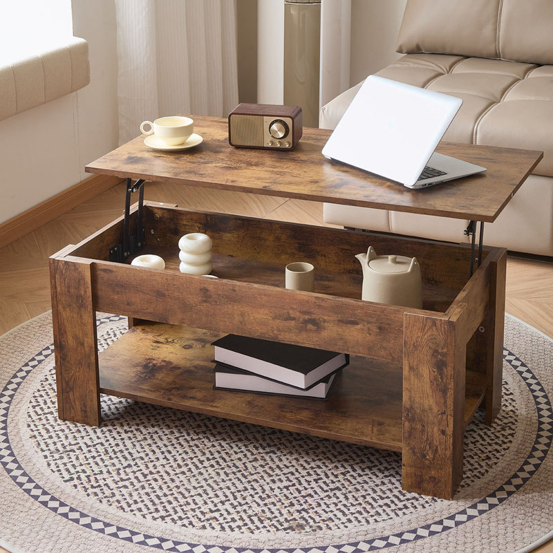 Table basse à plateau relevable avec grande tablette de rangement cachée