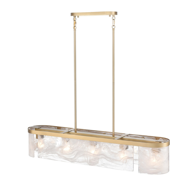 Luminaire îlot 6 lumières Kester - Finition laiton brossé - Abat-jour en verre albâtre blanc de style Murano Wispy