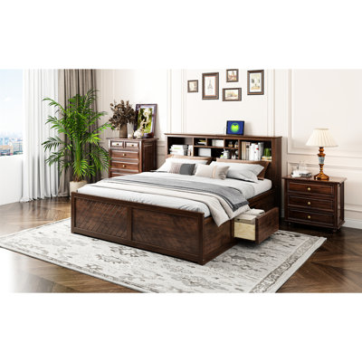 Lit plateforme très grand en bois avec tête de lit à plusieurs tiroirs - construction robuste, couleur antique, tiroirs sans sommier, nécessaire, look élégant