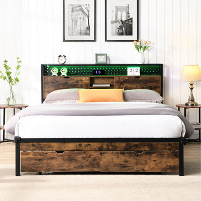 Full Size Bed Frame With Wooden Headboard, 2 Drawers, Led Lights, Charging, Simple Assembly Process, 600 Lbs Weight Capacity Metal Platform Headboard And , No Box Spring, Easy Up, Limit