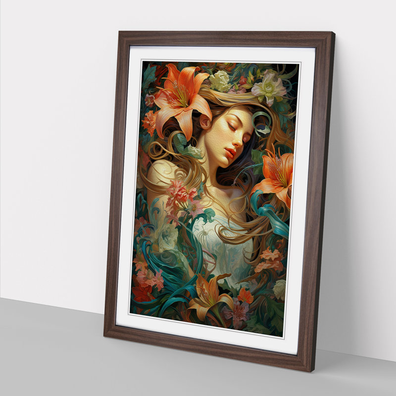 Lily Flower Rococo - Single Picture Frame Print on Wood, Walnut Framed, 34cm H x 25cm W x 2cm D