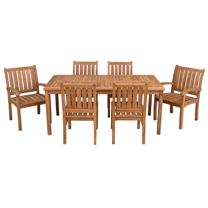 7 Piece Teak Wood Bistro Dining Set Including Rectangular Table With 2 Abacho Arm Chairs & 4 Side Chairs