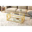 Table basse en verre de luxe moderne avec structure en métal doré, table basse rectangulaire avec tablette de rangement inférieure, table de centre Art déco pour le salon-225751367