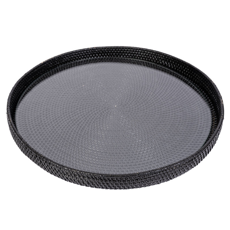 16" Round Serving-ottoman Tray With Glass Insert, 16" W x 16" D x 1.5" H, Tudor Black