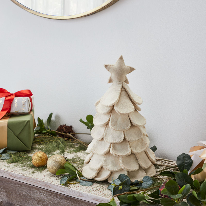 Handmade Cream Tabletop Christmas Tree in Hand Felted Wool, 14" H x 7.5" W x 7.5" D