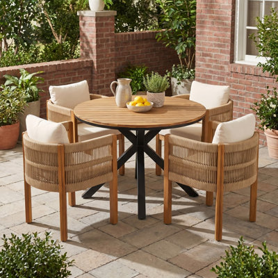 5-Piece Outdoor Dining Set with Round Teak Finish Table & 4 Rope Handles Chairs, Patio Furniture Set