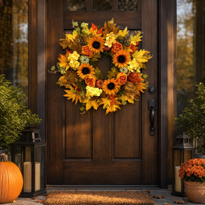 Grande couronne d'automne 28 po pour porte d'entrée, porche, fenêtre - feuilles d'automne artificielles, fausses citrouilles, couronne d'automne