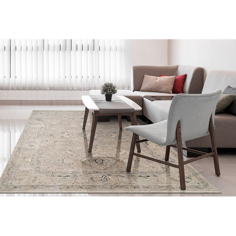 Tapis oriental en polyester tissé à la machine en beige / ivoire, Rectangle 2 pi 7 po x 4 pi 11 po