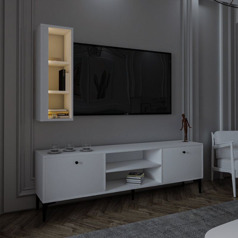 Meuble télé moderne blanc de style scandinave 59,1 po x 18,9 po x 11,6 po | 100% panneau de particules enduit de mélamine, épaisseur: 0,7 pouce | Solution de rangement élégante avec tablette de 9,8 po x 28,3 po x 7,7 po | Parfait pour le salon et le