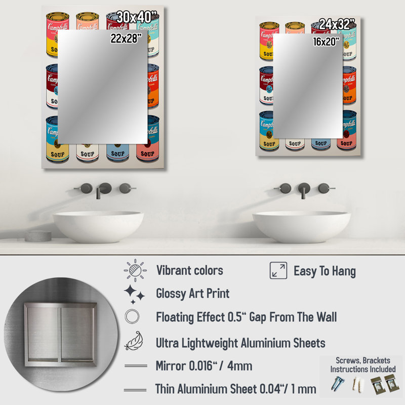 Pop Art Soup Collage III - grand miroir au lait, miroir mural décoratif traditionnel, impression sur métal, 40 po x 30 po