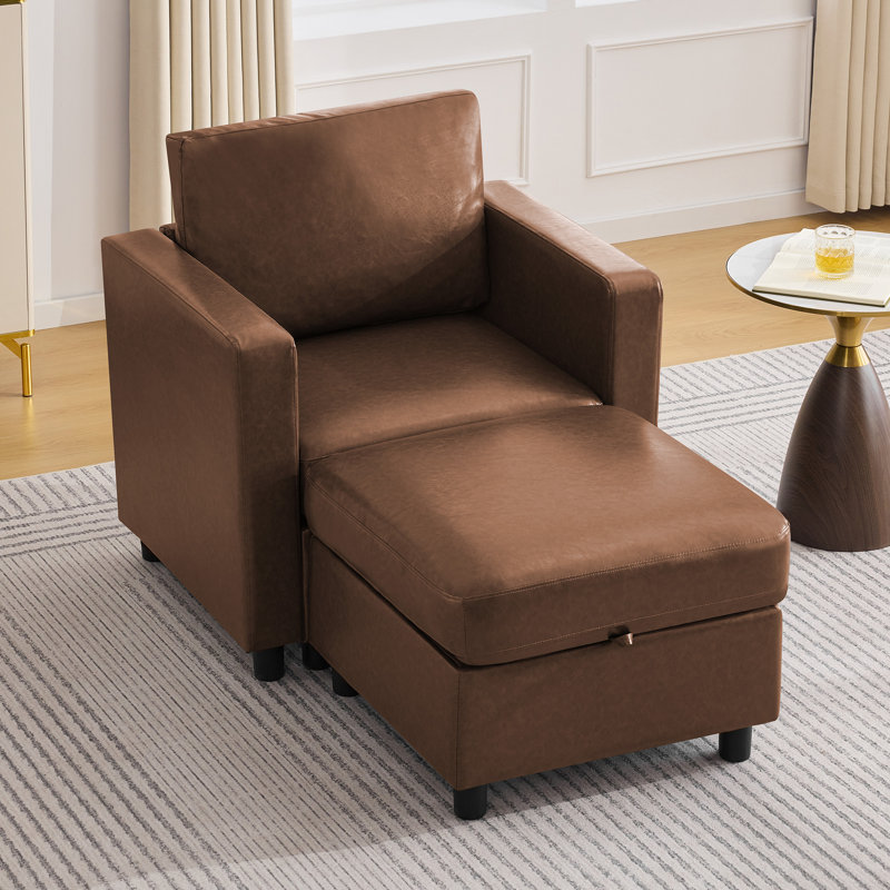 Ensemble de canapé modulaire en similicuir avec repose-pieds de rangement - 1 siège + repose-pieds, 1 Seat + 1 Ottoman, Brown