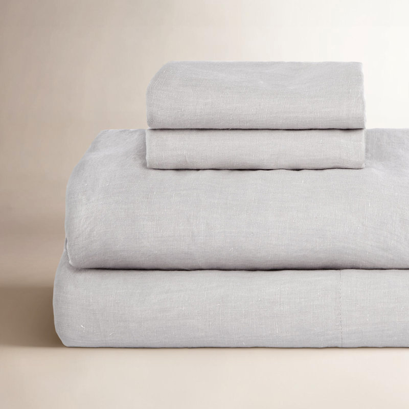 100% French Linen Sheet Set, Pebble Heather, Twin Sheet Set with 1 Pillowcase