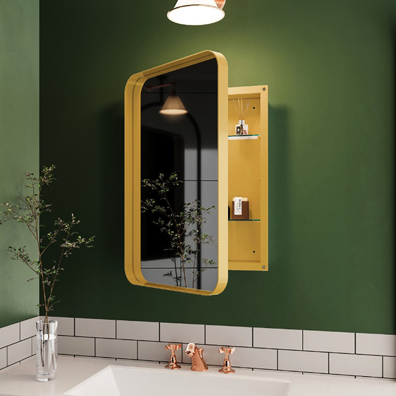 16X24 Inch Recessed Metal Framed Bathroom Storage Cabinet With Mirror And Adjustable Shelves, Matte Gold Glamour, , Fog, Corrosion, -Proof, For Shelf & Stable Construction, , , , -, In