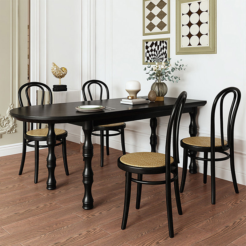 Black Half-circle Solid Wood Dining Table, 29.53"H x 55.12"L x 27.56"W