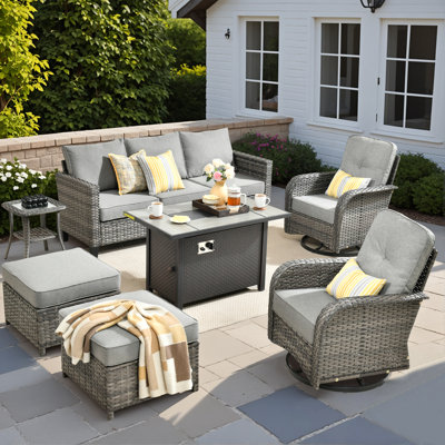 Jordanlee 7- Person Outdoor Seating Group With Rocking Swivel Chairs With Fire Pit Table