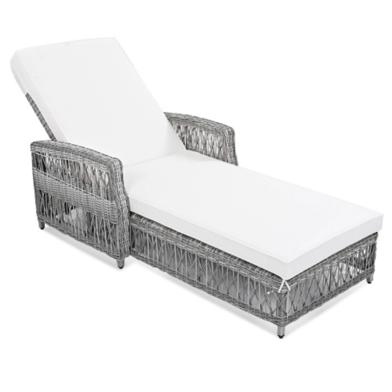 Outdoor Beige Wicker Reclining Chaise With Armrests Adjustable And Removable Cushions, 1