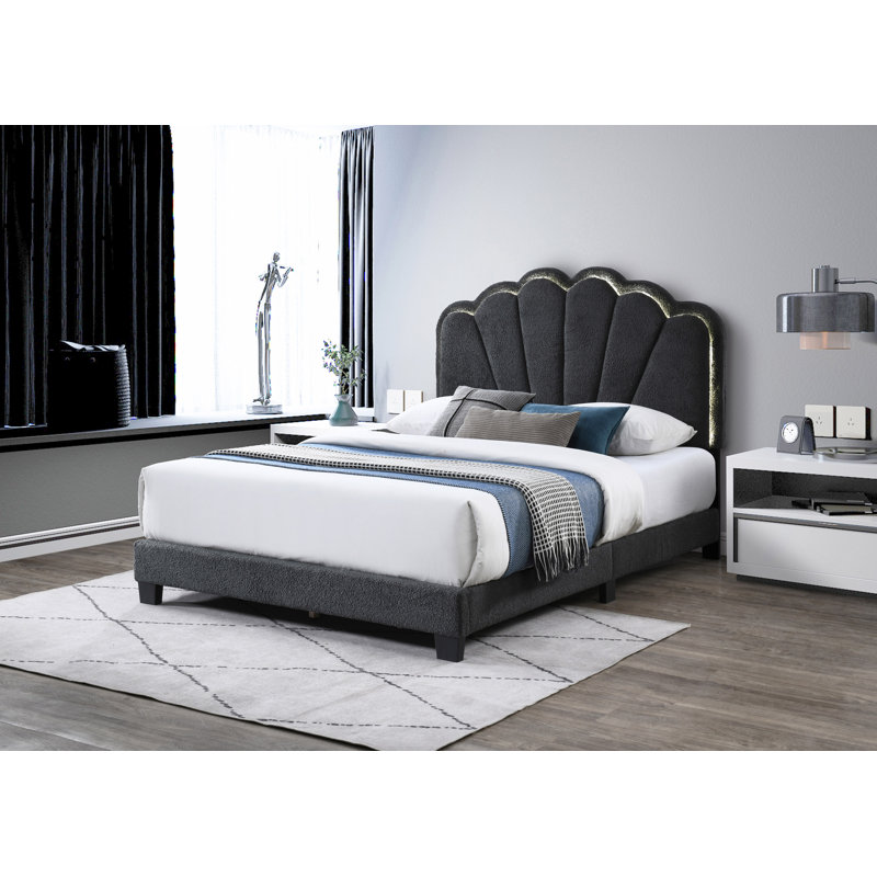 Fabric LED Light HB Platform Bed W/ LED Light & Chunky Leg (Fully Slated), Dark Gray, Queen