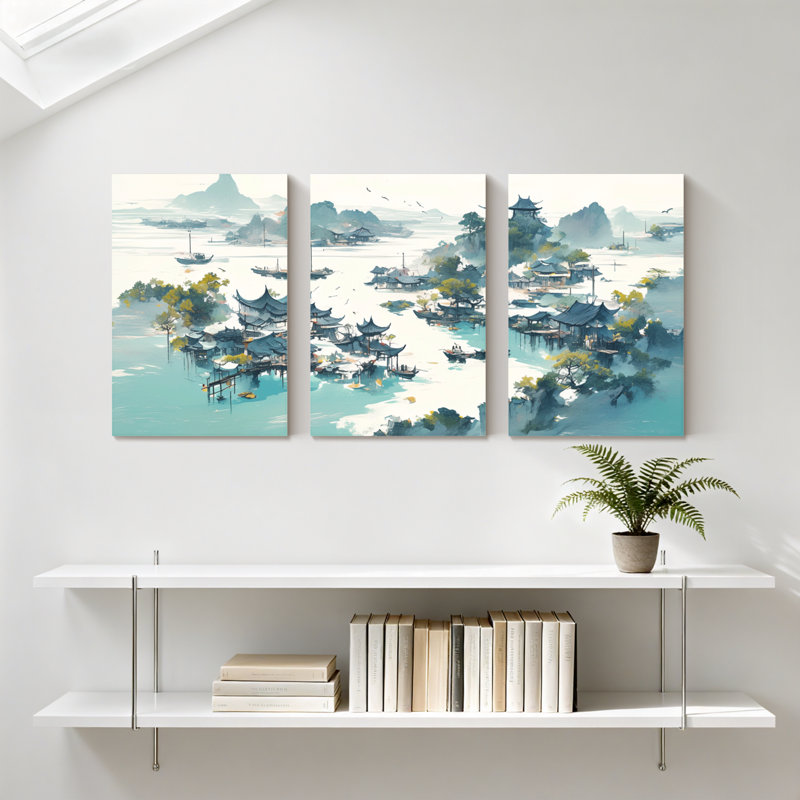 Landscape & Nature Serene Water Village Landscape, H 18 po x l 36 po