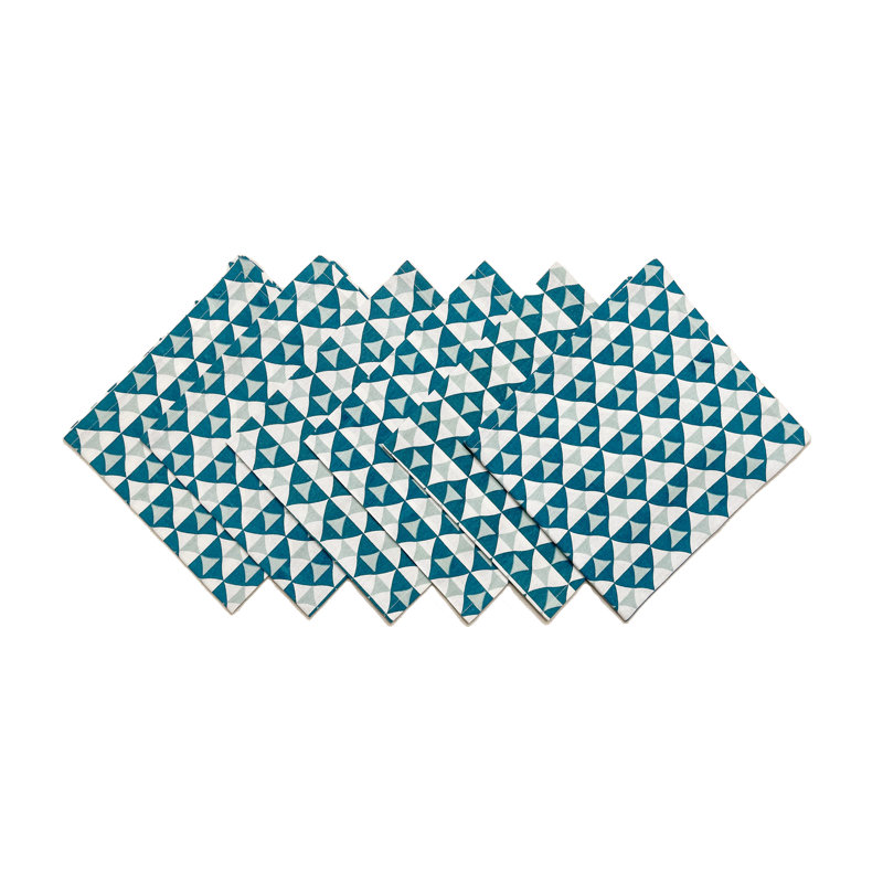 Ensemble de 6 serviettes de table triangulaires, Bleu sarcelle / Blanc