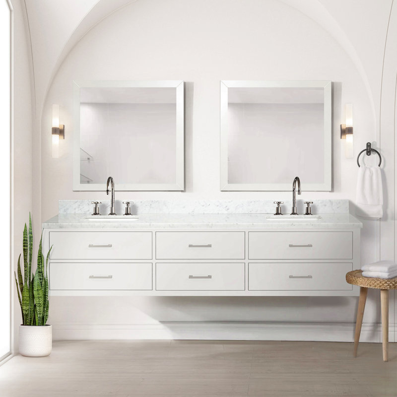 Double Bath Vanity 84 In. W X 22 In. D, Brushed Nickel, White