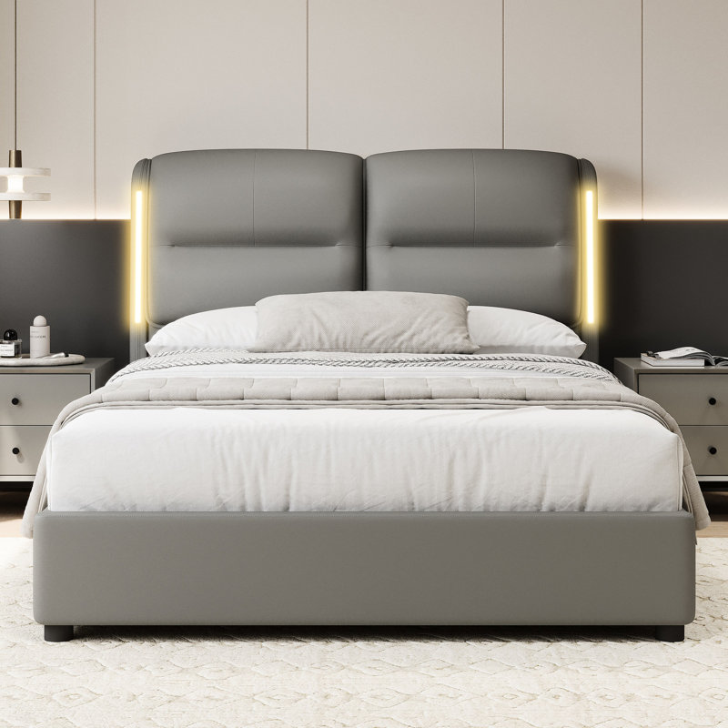 Grand lit moderne avec compartiment de rangement, cadre, cuir gratté, rangement avec rangement en tissu Sensor Night, métal et bois, confortable