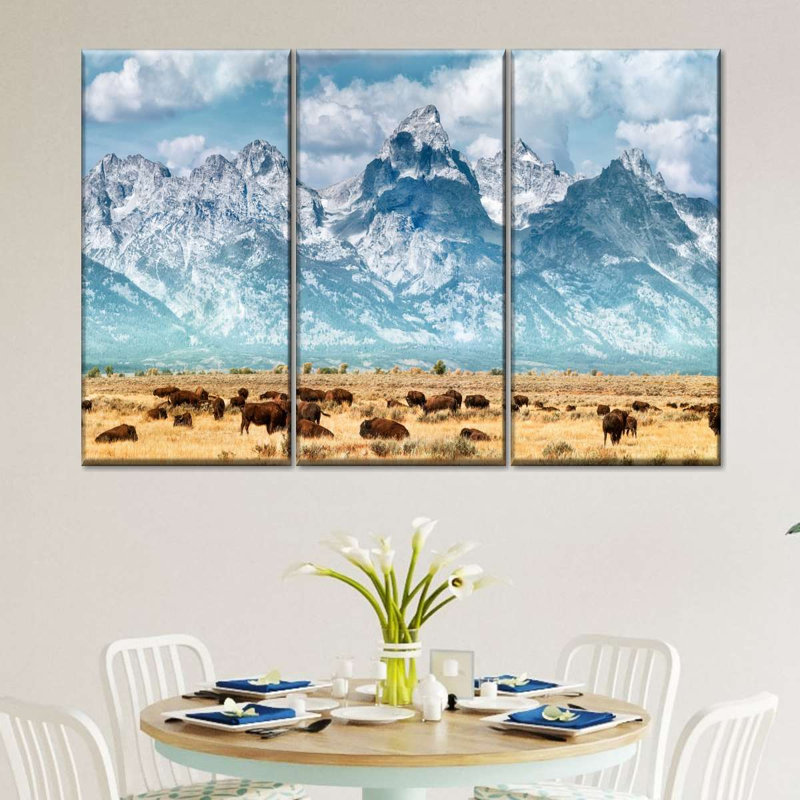 Bison Herd In Grand Teton, reproduction d'art sur toile, H 20 po x l 33 po