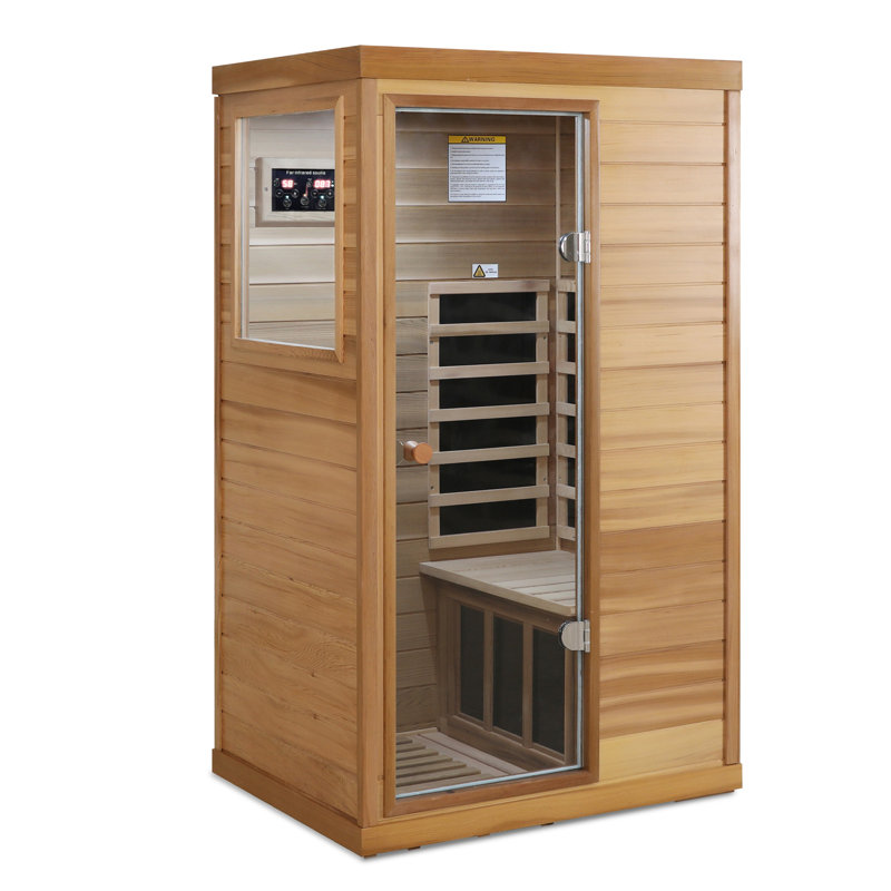 Red Cedar Mini One Person Far Infrared Glass Door On The Left Of The Indoor Sauna Room, Natural Wood/Caramel, Right