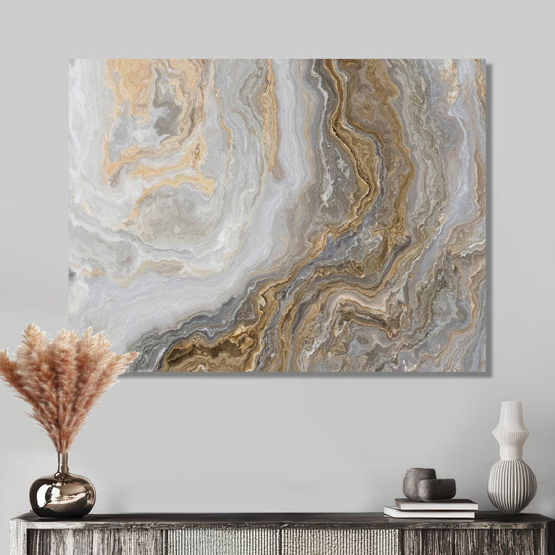 Art mural en marbre - marbre blanc avec veines de gris Curley et or - reproduction d'art sur toile, H 30 po x l 40 po
