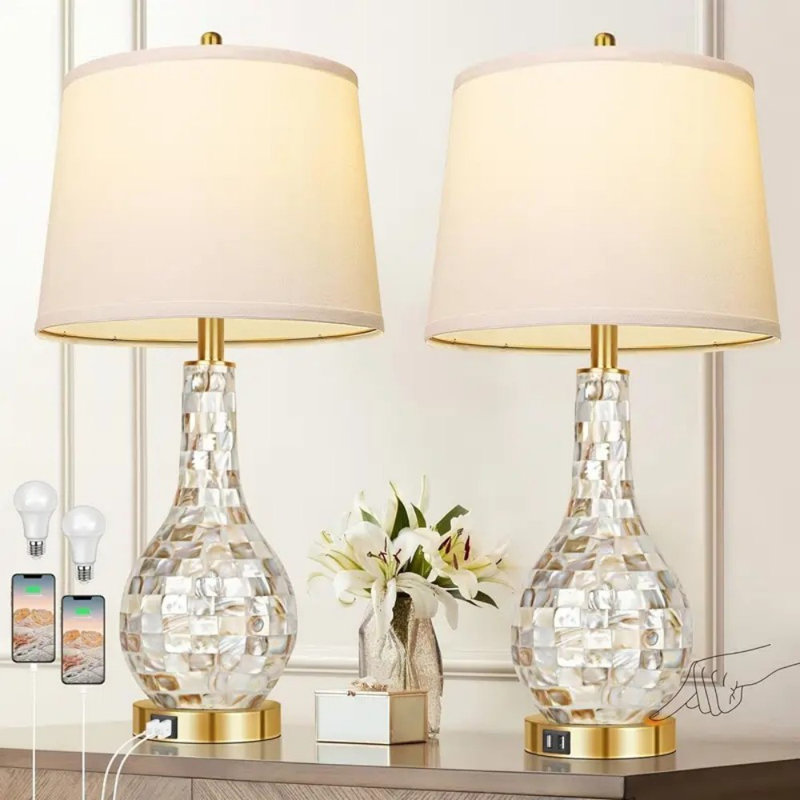 25.5" Mosaic Shell Tiles Tile Table Lamp Set Of 2, Modern Gold Bedside Table Lamp With Dual USB Charging Ports, 3 Colour Modes Adjustment Touch Control Table Lamp For Living Room, Bedroom