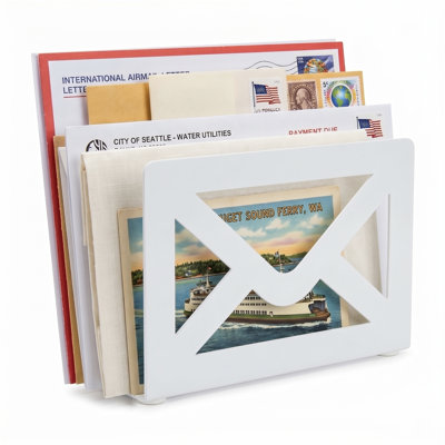 White Metal Desktop Mail Holder – Letter Organizer with Envelope Cutout Design for Home & Office