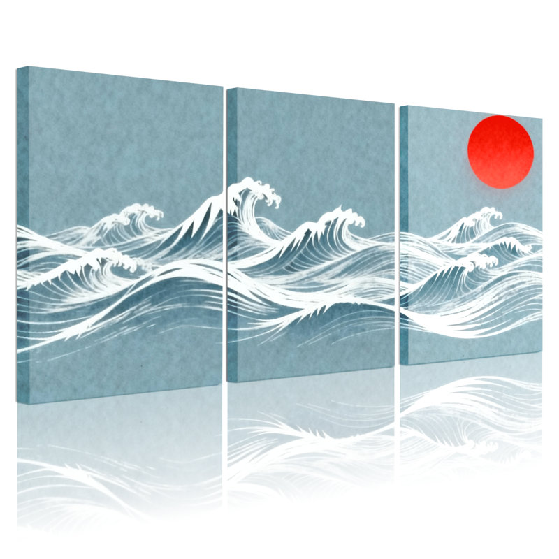 Ensemble de 3 impressions sur toile Nautical & Beach Ocean Waves Under Red Sun, H 36 po x l 72 po