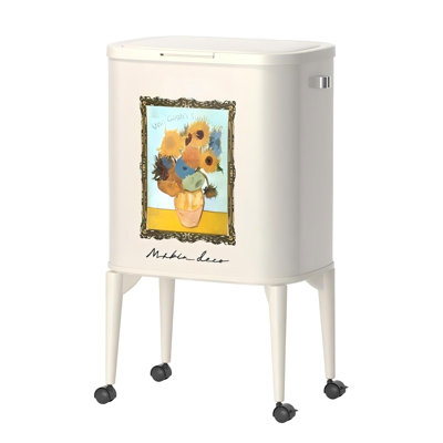 Metal Kitchen Trash Can With Wheel Legs, 36L / 9.5Gal Medium Press Lid Slim Waste Basket, Pet Proof Tall Narrow Garbage Pail, Sunflower