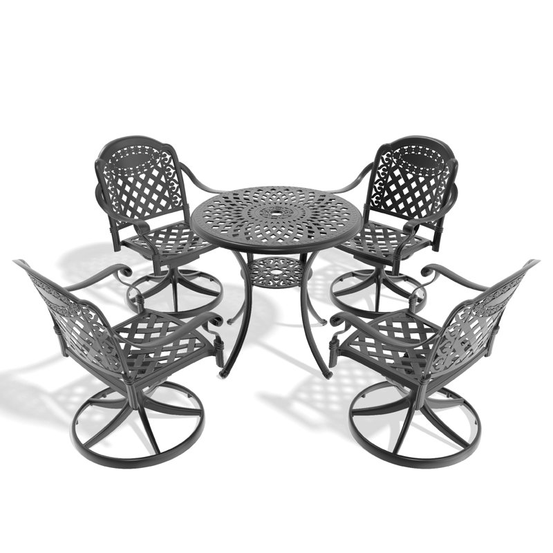 Cet ensemble de salle à manger en fonte d'aluminium toutes saisons comprend des chaises pivotantes et une table ronde avec cadre noir