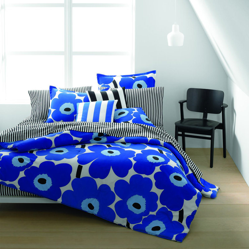 Ensemble d'édredon en coton Marimekko Unikko, Édredon double / grand + 2 taies décoratives sta, Bleu