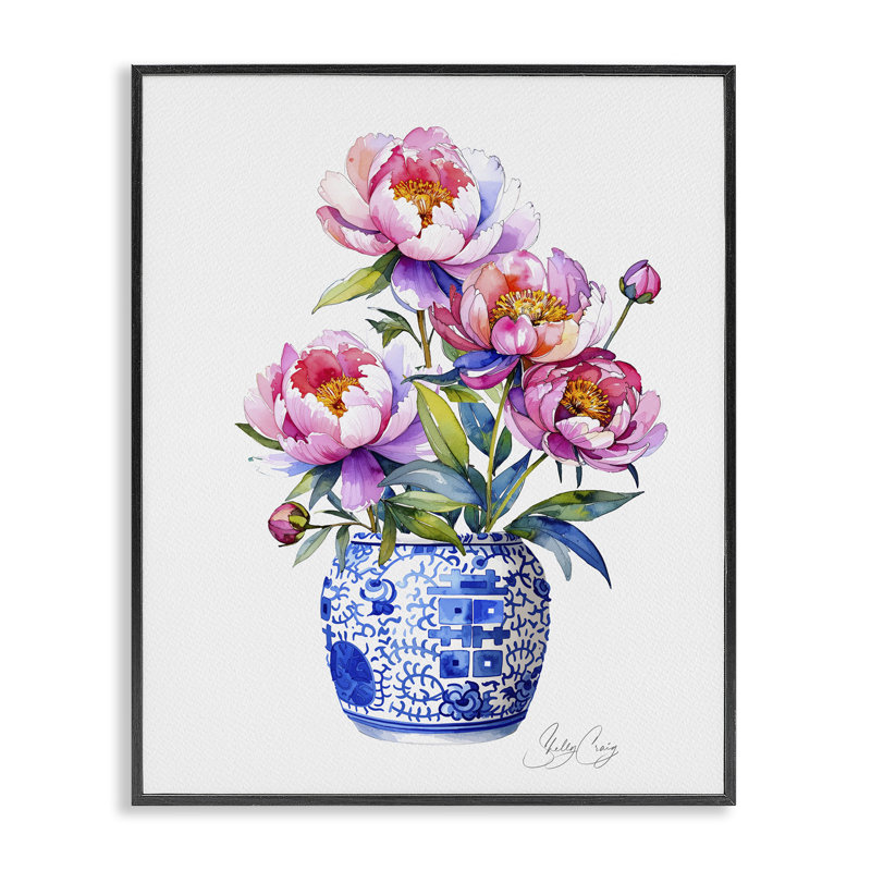 Blue Dynasty Blooms, estampe numérique, design par Shelly Craig, Giclée noire de minuit encadrée, H 20 po x l 16 po
