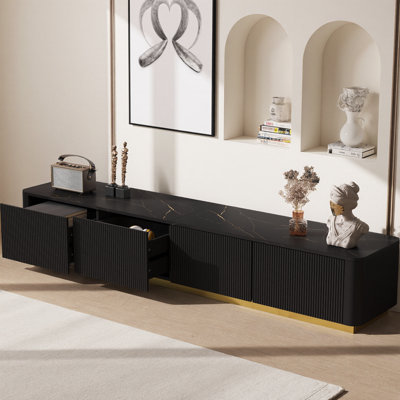 Elegant White Fluted TV Stand for TVs Up to 85", Modern Luxury Media Console with 4 Drawers & Gold Base, Perfect for Living Room