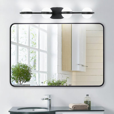 Black Led Vanity For Bathroom - 4 Bulb Frosted Glass Shades, Wall Mounted Modern  Black