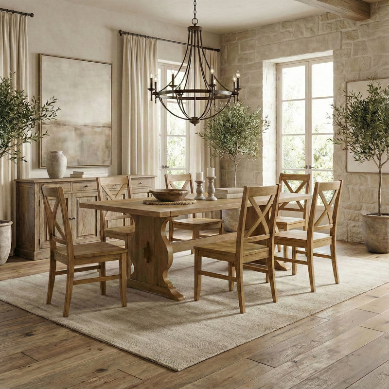 Almeda Traditional 70.8" Rectangular Dining Table Set, 7 Pieces: Table, 6 Chairs, Light Yellow Wood