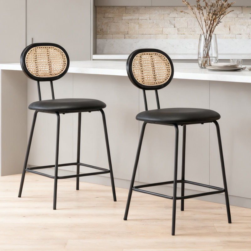 24" Counter Mid-Century Modern Farmhouse Rattan Bar Stools, Black