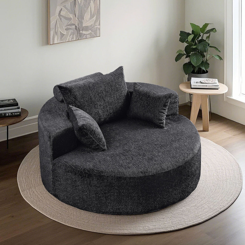 Chaise longue surdimensionnée moderne en chenille avec coussin assorti, Noir