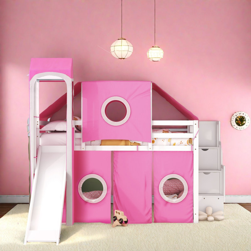 Verity Loft Bed With Tent And Tower, Rustic Pinewood And MDF, Twin, Pink