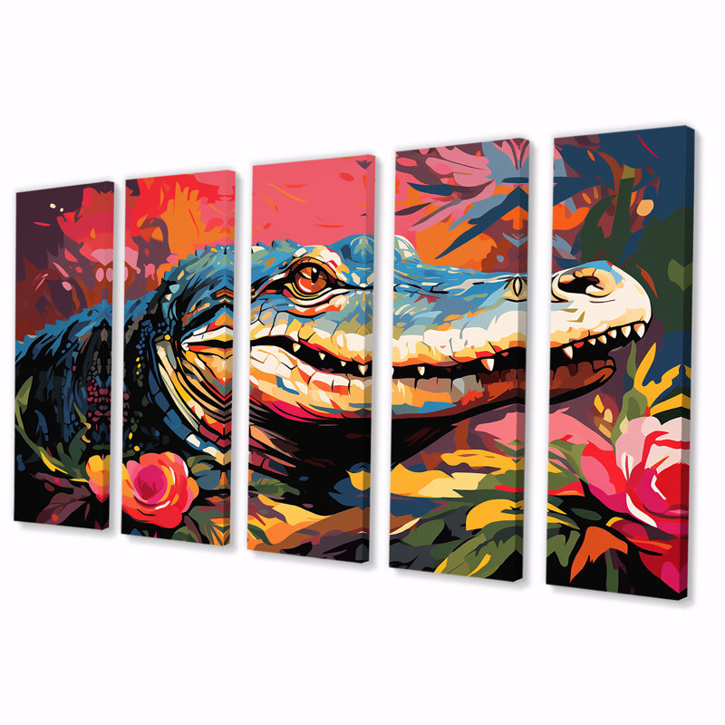 Popart alligator Blooms II - ensemble d'art mural en alligator / crocodile 5 pièces, H 28 po x l 60 po