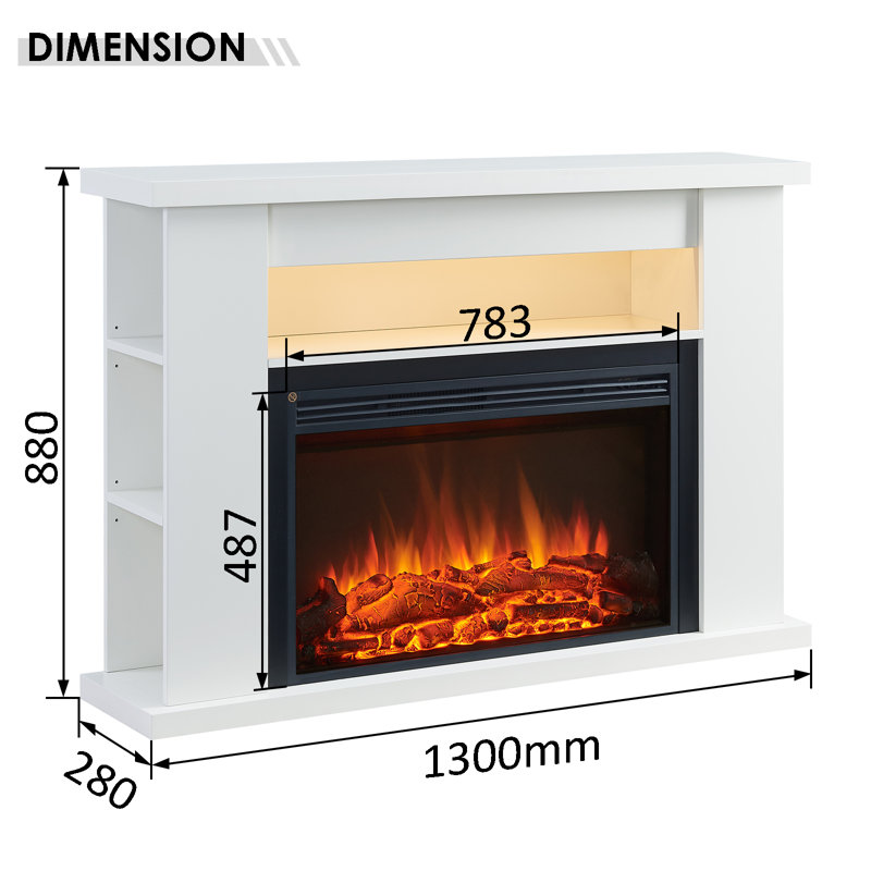 LIPSON FLAMME Electric Fireplace, 88cm H x 130cm W x 28cm D, White