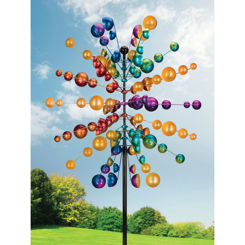 86 Inch Tall Multi Color Planet Metal Wind Spinner with Powder Coated Finish and Sturdy Ground Stake for Outdoor Garden Decor